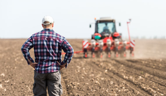 Farmer standing in field looking at a tractor planting.