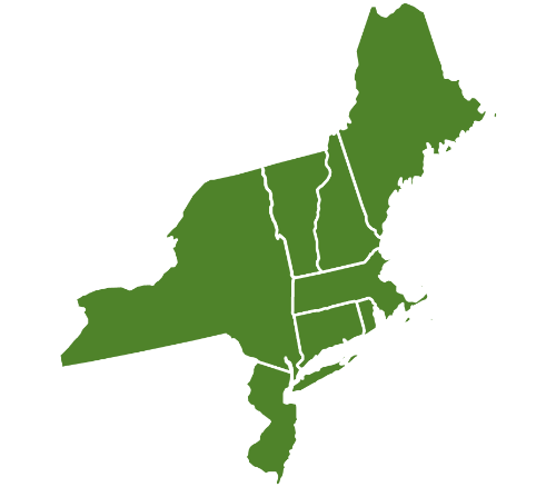 Green outlines of Farm Credit East’s eight-state territories 